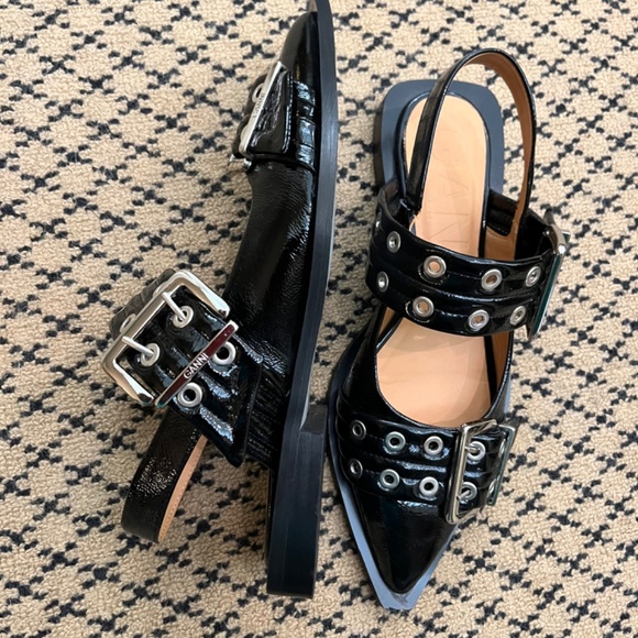 Ganni Black Patent Leather Flats with Silver Buckles - Picture 7 of 11
